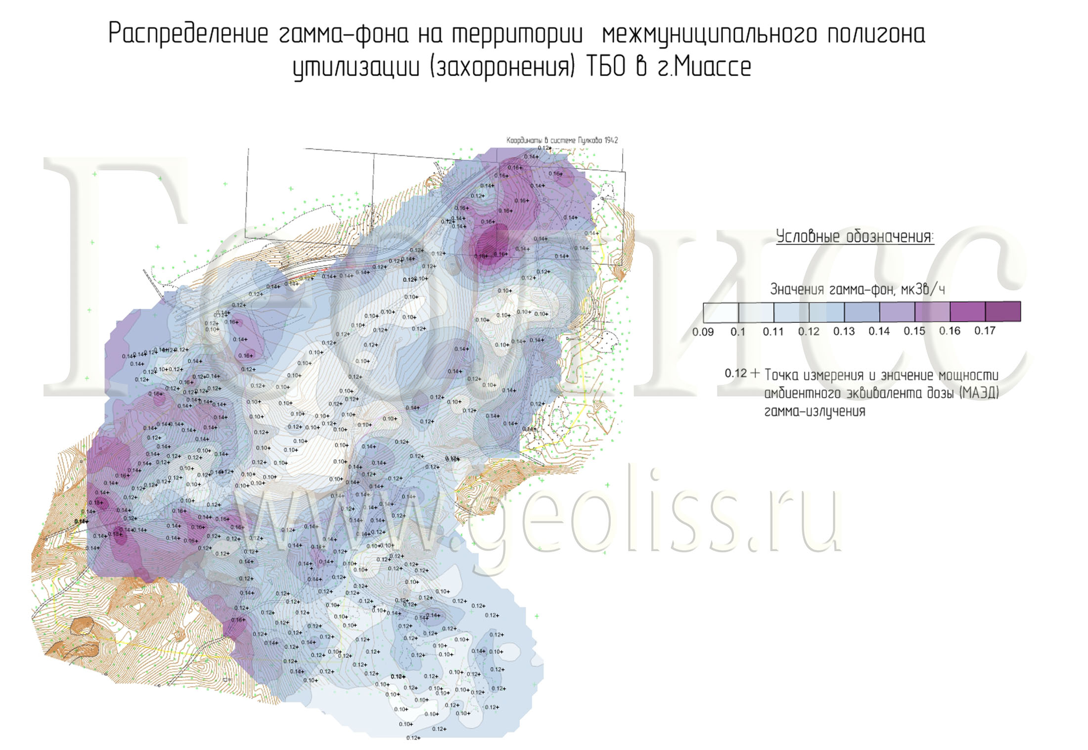 Распределение гамма-фона на территории Васильевской свалки г. Миасс